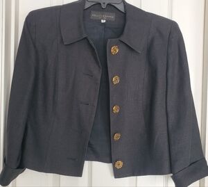 Kelly Graham Black Linen Boxy Crop Blazer Dramatic Leopard Print Buttons SZ:8